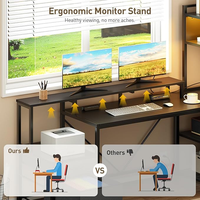 RALGEND 75" L Shaped Gaming Desk with Hutch, L Shaped Desk with Drawers, LED Light, Power Outlets & Pegboard, Corner Desk with Storage Shelves & Monitor Stand for Home Office, Black