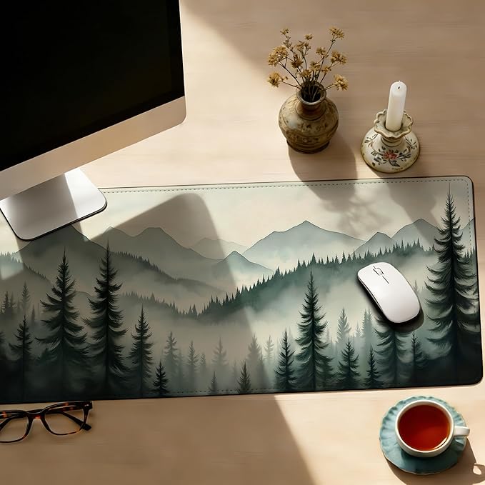 Large Gaming Mouse Pad Mountain Landscape with Mist and Trees Desk Mat,Non-Slip Rubber Base Stitched Edges,Extended Mousepad for PC,Laptop,Office,Home Decor(31.5 x 11.8 Inch)