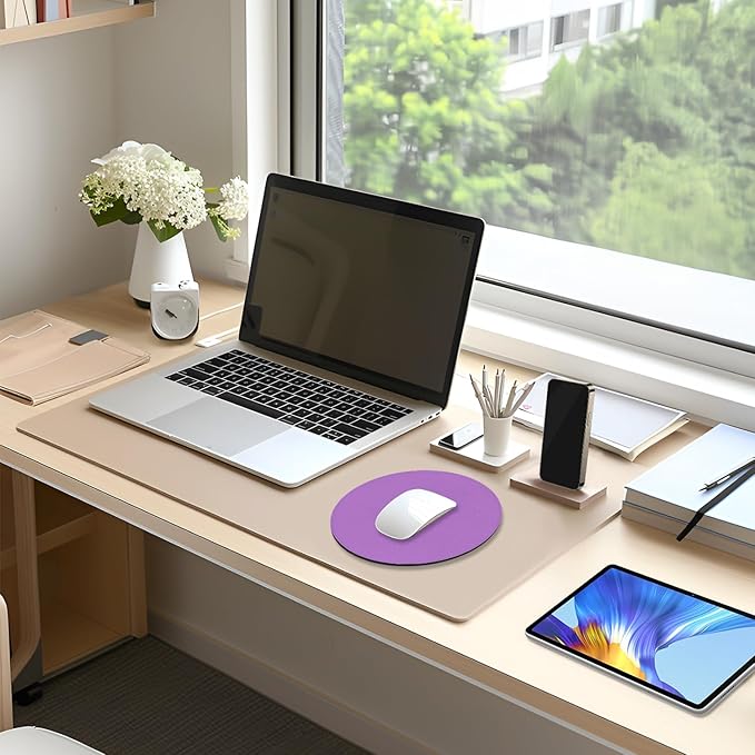 Leather Mouse Pad, Office Mouse Mat Non-Slip Rubber Base Stitched Edge Washable Waterproof Round Mousepad for Office Gaming PC Laptop, Round Diameter 8.7 inches, Purple
