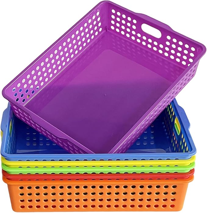 RAUVOLFIA 6 Pack Plastic Turn in Paper Trays for Classroom, Colorful Storage Bin Basket Organizers for School Supplies, Classroom Organization and Storage Tray Holds 4A Paper (Bright Color)