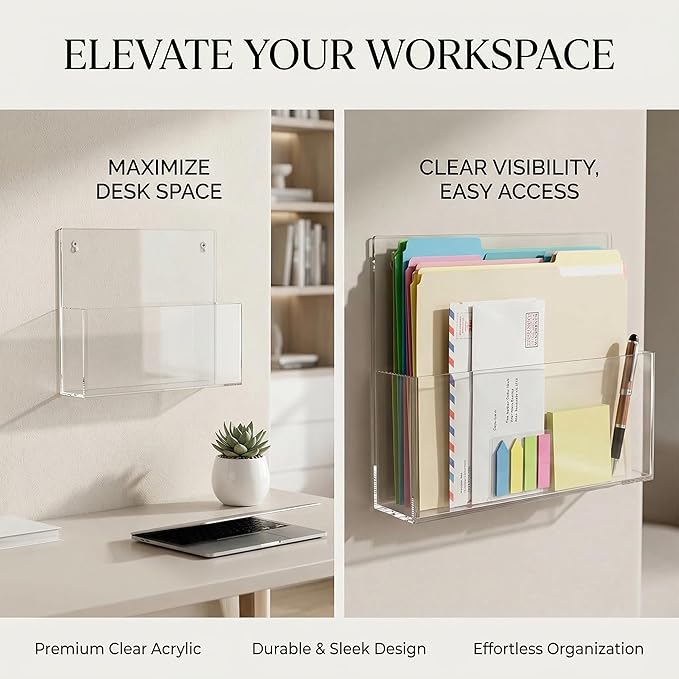 JUESHA 2 Pack Clear Acrylic File Holder Wall Mount Self Adhesive, Letter Size Hanging Paper Organizer, Wall Pocket File Holder Storage for Letter Folder Brochure Magazine Bookshelf Literature Display