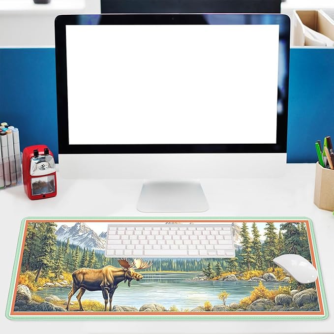 Moose Landscape Mouse Pad, Mountain Lake Gaming Desk Mat Waterproof Stitched Edges Rubber Base Non-Slip Deskmap Computer Keyboard Mat, 31.5x11.8in Desk Home Office Gaming