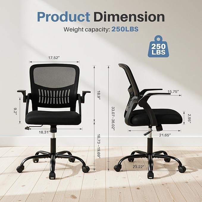 DUMOS Home Office Desk Chair - Ergonomic Computer Mesh Chair with Lumbar Support & Rocking Mode, Height Adjustable, Flip-up Armrest, for Conference, Meeting Room, 360° Swivel, Adults, Black