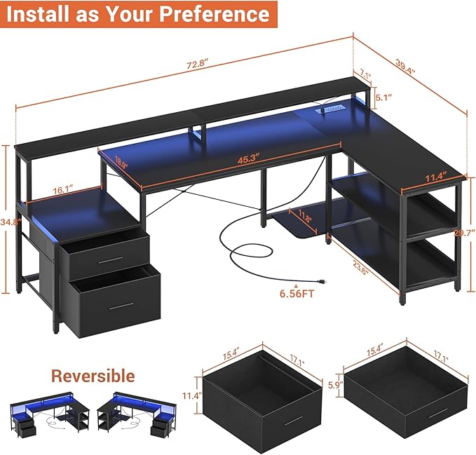 Aheaplus L Shaped Desk with Power Outlet, Reversible L Shaped Computer Desk with File Drawer & Monitor Stand, Gaming Desks with LED Strip, Home Office Desks with Storage Shelf,1Black
