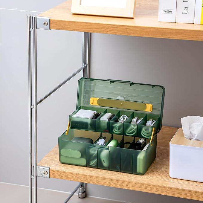 Vidifor Large Cable Organizer Box with 20 Cable Ties, Portable Cord, Charger and Bandages Storage for Drawer, Desk, Office & Home (Green)