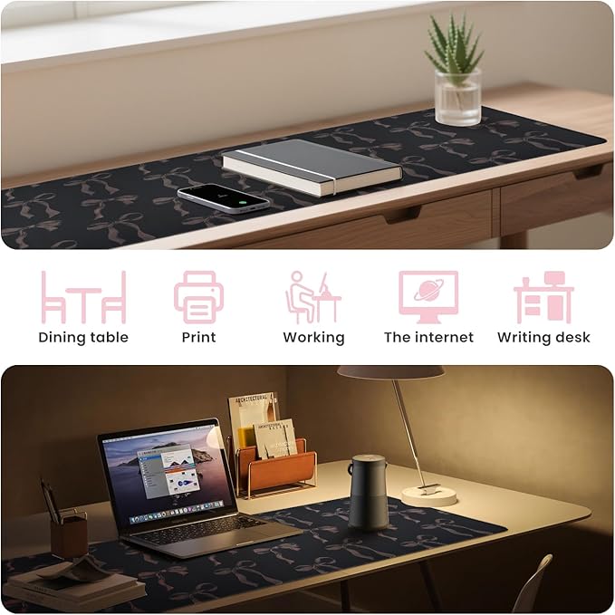 Black Desk Mat with Bows, Large Black Bow Mouse Pad Computer Mat Non-Slip Rubber Base, Cute Keyboard Mat Bow Desk Accessories Office Decor, Stitched Edge Girly Desk Pad for Girls, Women 23.6 x 11.8 in