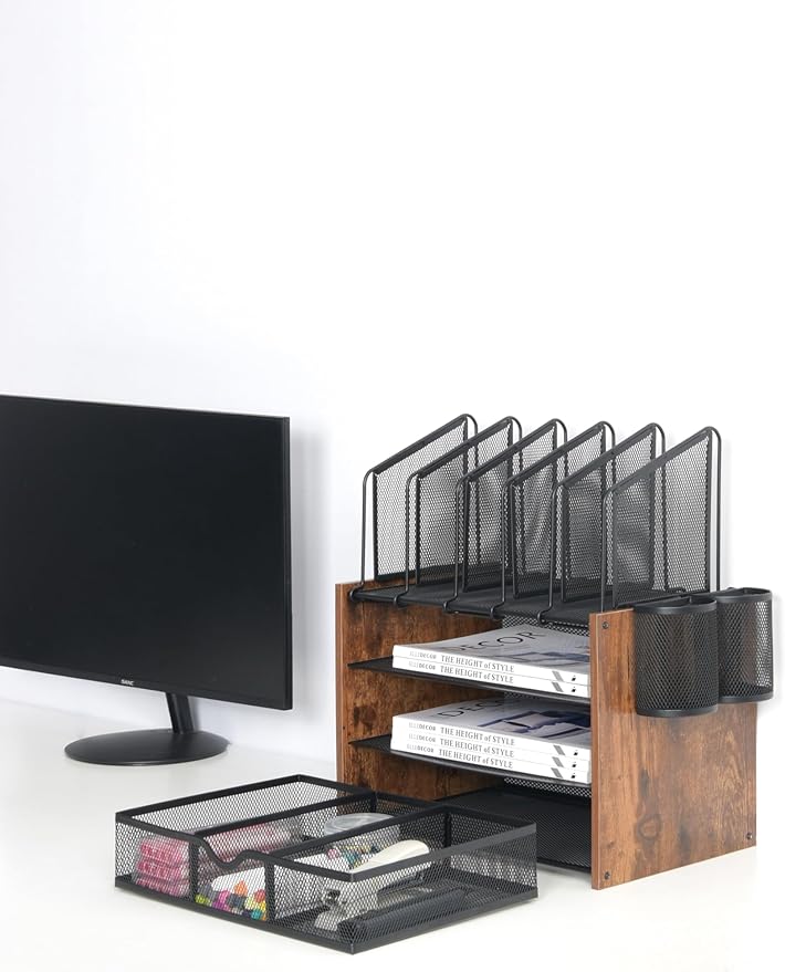 Wooden Desk Organizer - 4-Tier Desktop File Organizer with Drawer, Wooden Paper Tray, Vertical File Holders & 2 Pen Holders - Office Desk Organizer for Papers, Mail, Notebooks, Stationery