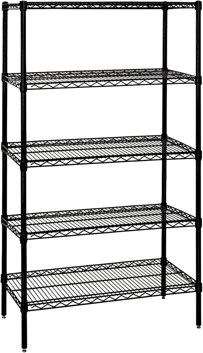 Quantum Storage Systems WR74-1436BK-5 Wire Shelving Starter Kit, 36" W x 14" D x 74" H, 600 lbs Capacity, Carbon Steel, Epoxy Coated, Black, NSF