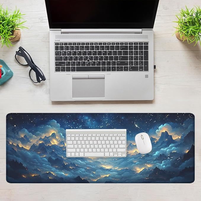 Stars Mouse Pad Night Clouds Mountains Rivers Sea Stars Large Gaming Mouse Mat with Stitched Edges,Non-Slip Waterproof Rubber Base Mous Mat 31.5x11.8 in