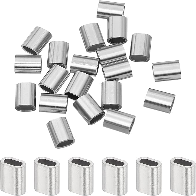 uxcell 1/8"(2.5mm) Wire Rope Stop Sleeve, 304 Stainless Steel Cable Wire Rope Crimping Loops Sleeve Ferrules for Cable Ferrule, Silver 20Pcs