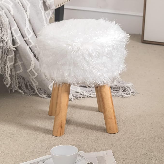Asense Small Round Ottoman Foot Rest Stool Faux Fur Padded Seat Footstool Ottoman with Non-Skid Wooden Legs (White,Long Leg Version,Faux Fur)