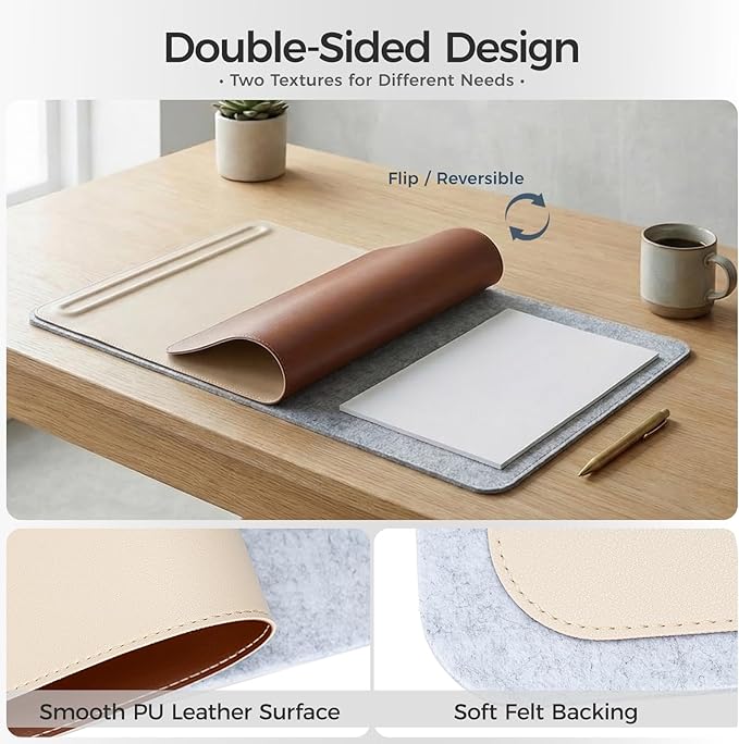 Desk Mat – Double-Sided Vegan Leather & Felt | Built-In Magnetic Cable Organizer & File Storage | Premium Workspace Pad for Office, Gaming & Creative Professionals-（Beige）