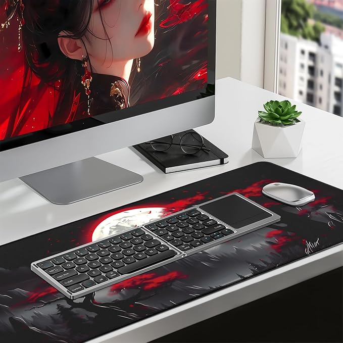 FreeNook Large Gaming Mouse Pad, Anime Black Mousepad with with Non-Slip Base, Expanded Cool Desk Mat, Mountain Moon Scenery XL Keyboard Mat Suitable for Home Office,31.5 X 15.7 Inch