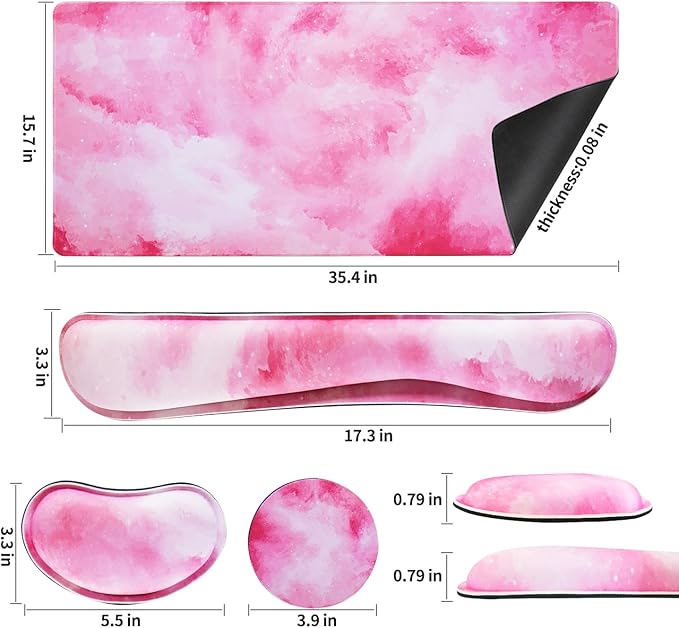 Bloss Clouds Mouse Pad and Keyboard Wrist Rest, 4-in-1 Desk Mat, Cute Desk Pad Easy Typing & Pain Relief, Desk Decor for Women Girls-Pink Clouds(35.4 x 15.7 Inches)