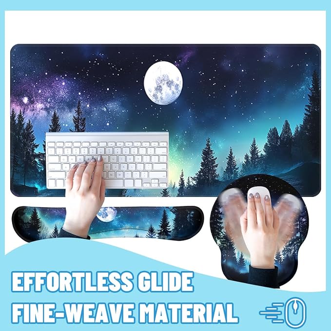 Moon Night Desk Mat Set Forest Aurora Sky Large Mouse Pad with Wrist Rest 4in1 Desk Mat for Desktop Ergonomic Computer Desk Arm Wrist Anti-Slip Computer Mouse Pad Home Office Gaming