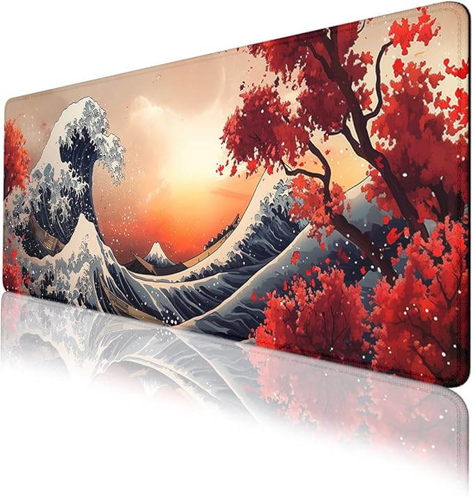 Japanese Great Wave Desk Mat Ocean Sunset Red Maple Mousepad XL Large Gaming Mouse Pad Laptop Keyboard Mat Desk Pad 31.5"x11.8"
