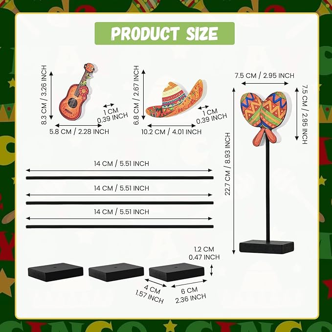 Smile Cinco De Mayo Tabletop Standing Wooden Decor Mexican Fiesta Figures (Sombrero, Guitar, Maraca) with Wooden Base & Sticks for Tiered Tray & Party Display