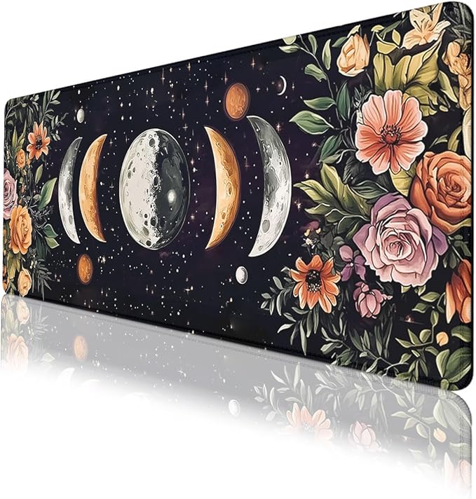 Moon Phases Desk Pad Mouse Pad Boho Celestial Floral Astrology XL Mouse Pad Large Mousepad Extended Laptop Keyboard Mat Gaming Desk Pad Mouse Mat 31.5"x11.8"