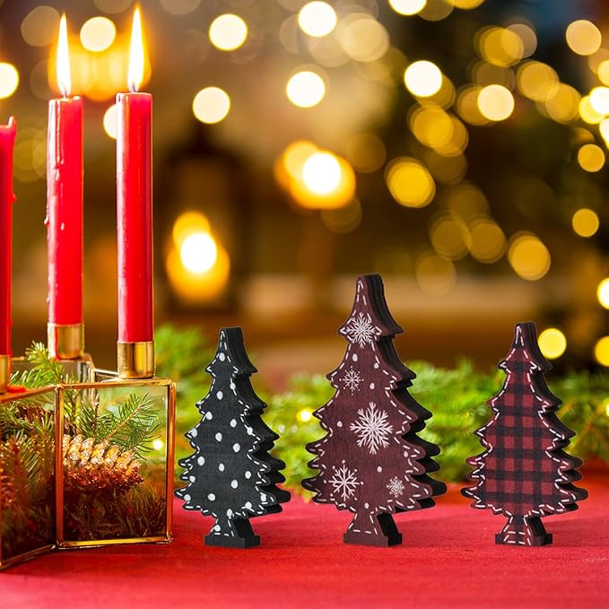 Smile 3 Pcs Wooden Blocks Christmas Trees Signs, Tiered Tray Decorations, for Home Table Shelf.