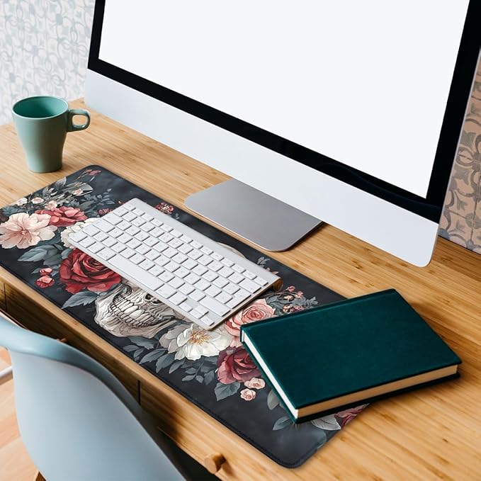 Fantasy Skull Mouse Pad Retro Roses Pink White Red Flowers Extended Mousepad XXL Computer Laptop Keyboard Mouse Mat Big Aesthetic Desk Decor Pad 31.5x11.8 in