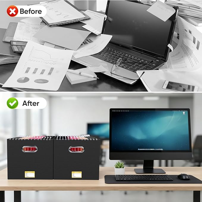 BALEINE File Organizer Box, Cardboard File Folder Organizer with Handle for Letter Size, Portable Collapsible Hanging Filing Box for Home Office Document Storage (4 Pack, Large Black)