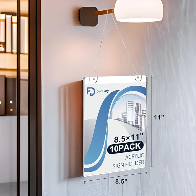 Daofary Acrylic Sign Holder 8.5 x 11 Wall Mount, 10 Pack Clear Acrylic Wall Picture Frame with Double-Side Tape, Document Paper Poster Display for Office, Store, Restaurant (Adhesive Tape, Screws & Hanging Rope Included)