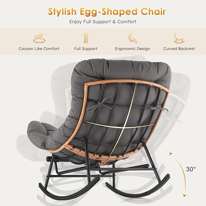 Garvee Papasan Rocking Chair with Foot Rest, Oversized Papasan Chair with Thick Removable Cushion and Metal Frame, Lounge Chairs and PE Rattan Rocker for Patio, Porch, Garden, Lawn, Living Room