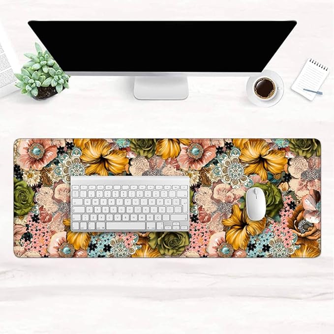 Gaming Mouse Pad Large Desk Mat Extended Keyboard Mouse Pad Mousepad with Non-Slip Base and Stitched Edge Mouse Mat Desk Pad Mouse Pads for Desk Home Office Gaming Retro Floral