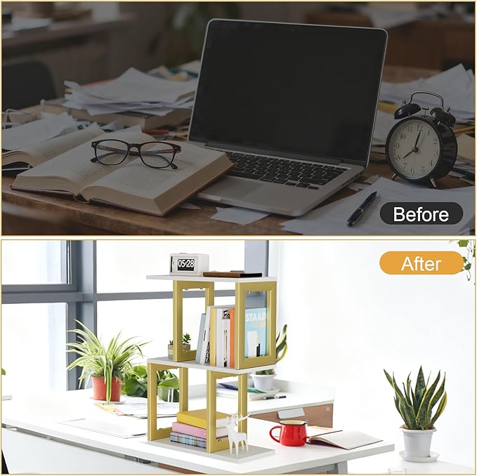 BOHDK Book Shelf, 3-Tier Small Bookshelf for Desk Organizer Corner Bookshelf Table Top Shelving, White & Gold Decor Aesthetic Desk Hutch for Office Home Dorm