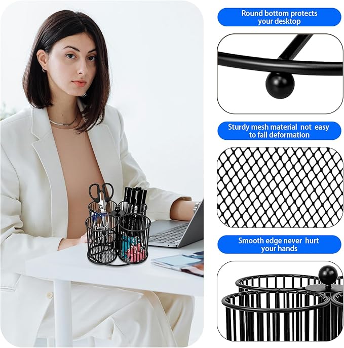 360 Rotating Pen Holder - Large Pencil and Marker Organizer with 4 Slots - Desk Caddy Accessories for School, Office, Home (Black)
