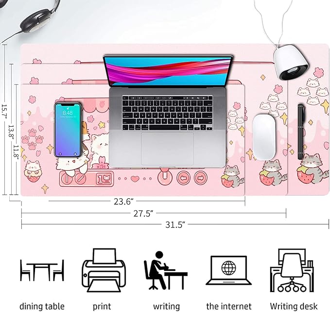 Cute Cat Desk Mat, Kawaii Claw Machine Large Mouse Pad for Desktop, PU Leather Waterproof Desk Pad, Anti-Slip Computer PC Laptop Protector Gaming Mouse Pads for Office Home Decorations