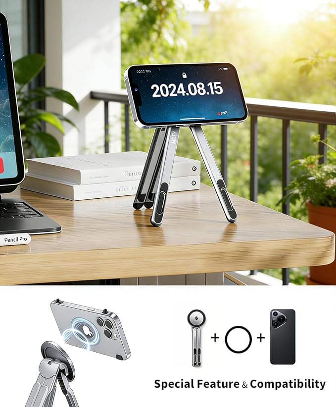 miley Portable Foldable Laptop Stand for Desk,Foldable Ergonomic,8-Level Height,with 13–17" Laptops,Aluminum Construction,Tripod Compatible,Portable with,Includes Storage Bag (Silver)