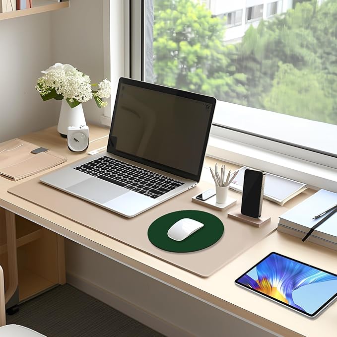 Leather Mouse Pad, Office Mouse Mat Non-Slip Rubber Base Stitched Edge Washable Waterproof Round Mousepad for Office Gaming PC Laptop, Round Diameter 8.7 inches, Dark Green
