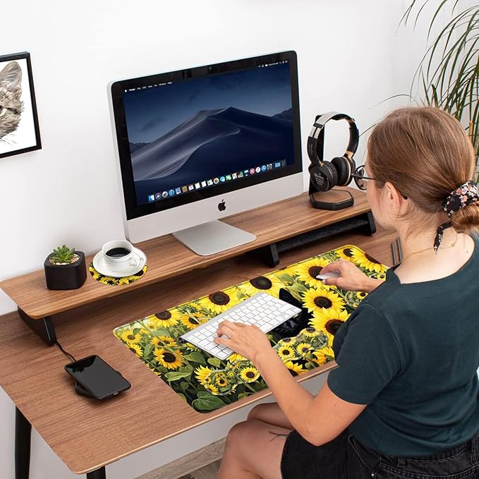 Ergonomic Mouse Pad Set with Wrist Support for Keyboard and Wrist Rest for Mouse, Memory Foam Comfort, Non-Slip Large Desk Mat for Home Office Pain Relief,Black Cat with Sunflowers