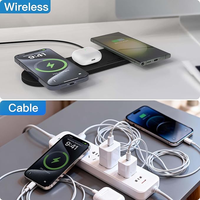 ZealSound 3-in-1 Wireless Charging Pad, Fast Charger Mat with 36W Adapter for iPhone 17/16/15, Samsung Galaxy, Pixel, AirPods & Galaxy Buds, Ultra Slim Case Friendly PU Leather for Home Office Travel