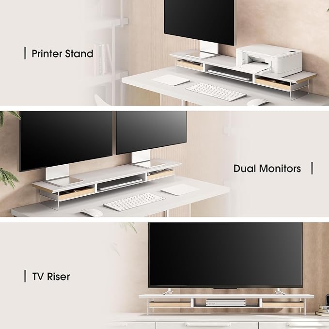 Fenge 42.5” Dual Monitor Stand Riser with 2 Felt-Lined Drawers, Aesthetic Metal and Wood Monitor Shelf with Acrylic Legs, 2-Tier Desk Organizer for 2 Monitors, Laptop, Printer, TV, White