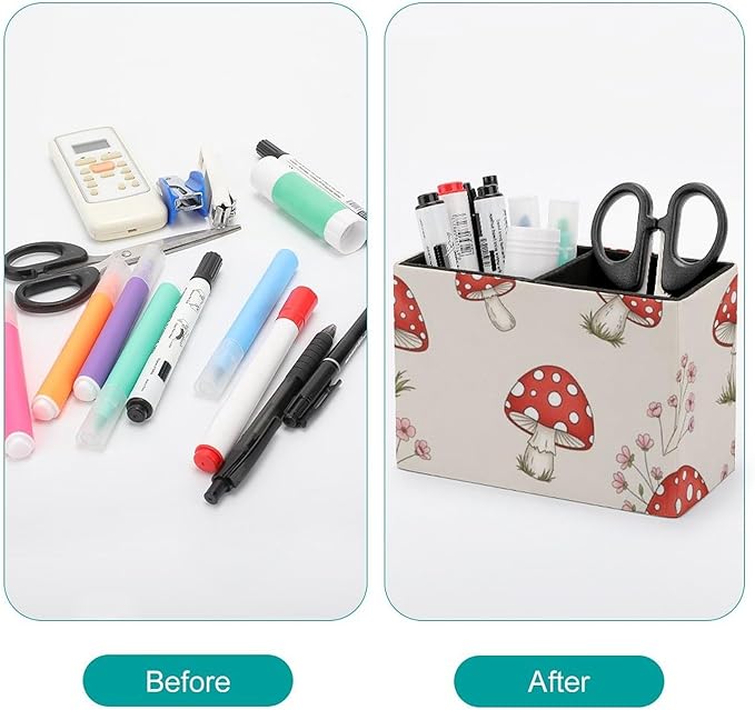 Multi-Functional PU Leather Pencil Holder Floral Red Mushroom, Practical and Stylish Design