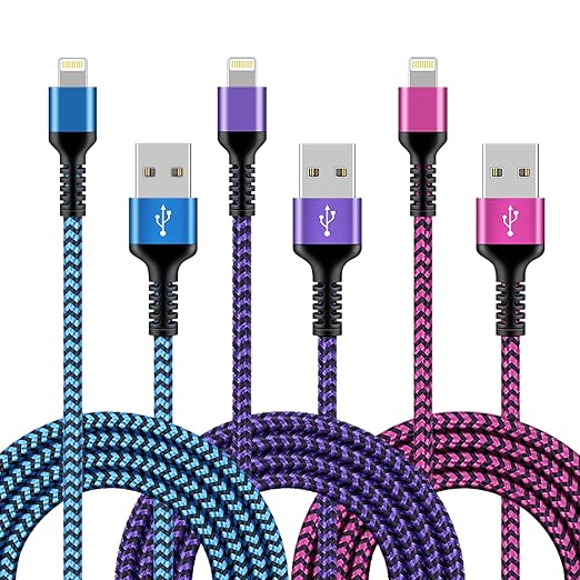 3Pack Lightning Charger Cable for iPhone 14/13 Pro Max/13Pro/13 Mini/12/11/10/X/XR/XS/8 Plus, 6Ft Apple Original Braided Long Charging Cords Fast Charging Lightening Multicolor Powerline Chord Wire