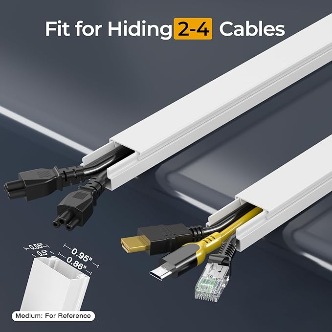 Cord Hider Kit, 113.4in Cord Covers for 2-4 Wires on Wall, Self-Adhesive Cable Hider Wire Covers for Cords on Wall, Paintable Cable Cover Raceway, Cord Hider for Walls Mount Tv, W0.95 H0.55in, White