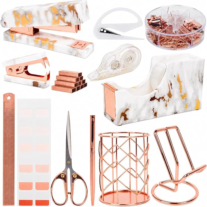 Office Desk Accessories Supplies - 14 Pcs Women Rose Gold Marble Desk Decor Set, Cute Aesthetic Office Essentials Kit, Stapler Tape Dispenser Pen Organizer, Acrylic Mini Teacher Stuff for School Home