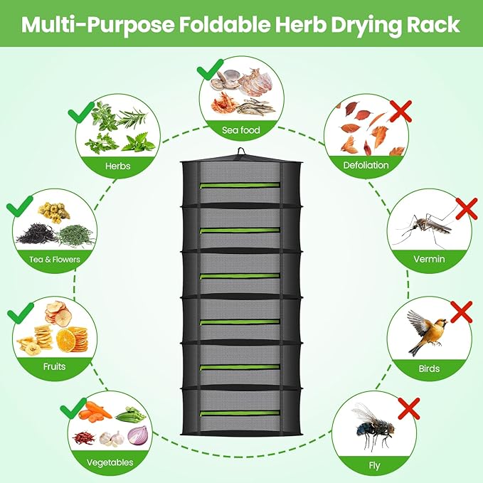 MEKOLIFE Herb Drying Rack with Mesh Design, Hanging Drying Rack with Green Zipper & Garden Pruning Shears – Versatile Plant Drying Solution (6 Layers)