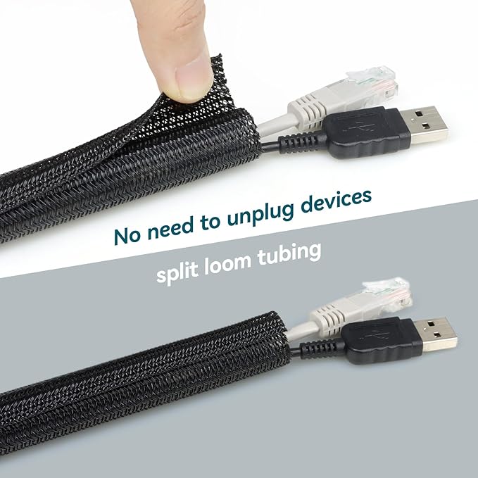 Wire Loom Tubing, 10ft Split Braided Cable Management Sleeve, Flexible Mesh Cord Protector Cable Sleeve for TV Computer (Black, 3/8")
