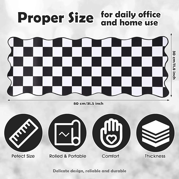 Copkim 1 Pcs Black Scalloped Checkered Desk Mat 31.5 x 11.8 Inch Large Cute Mouse Pad Computer Mat Non Slip Waterproof Rubber Base with Border Stitching Soft Keyboard Pad for Home Office Gaming Makeup
