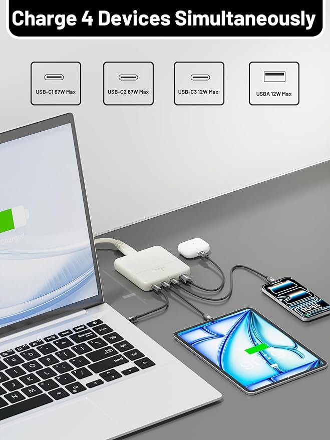 USB C Charging Station 67W, 4-Port Slim USB C Charger Block for iPhone 17/16/15, MacBook Air/Pro with 5ft Extension Cord, 3 USBC, 1 USB-A, Fast Charging Desktop Charger for Home Office Travel, White