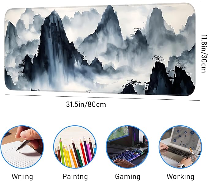 Mouse Pad, Gaming Mouse Pad, Ink Landscape Painting, Non-Slip Rubber Bottom, Stitched Edges, Suitable for Home, Office, Laptop, Keyboard Desk Pad, 31.5x11.8 Inch, Peak