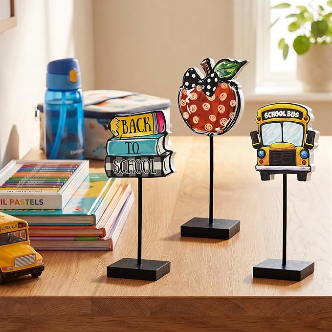 Smile Back to School Wooden Desktop Decor School Bus, Apple & Book Stack Table Signs - Classroom & Home Shelf Accents Gifts for Kids, Teachers
