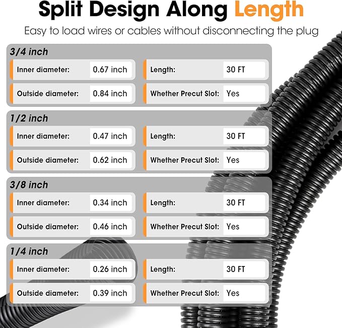Wire Loom 1/4", 3/8", 1/2", 3/4 Inch x 30 FT, Split Wire Loom Tubing Wire Conduit, Cable Sleeves Bulk Flexible Electrical Conduit Protective kit, Black