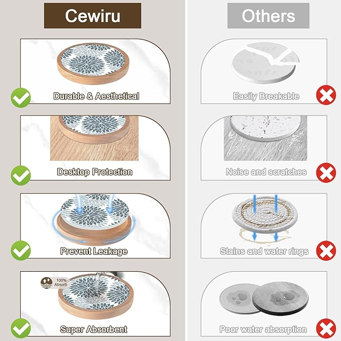 Wood Coasters Set of 4 with Holder, Cewiru Cup Mat for Drinks, Absorbent Coasters with Felt Insert for Coffee Table Protection, Modern Style Home Dining Table Decor, 4.3" Grey