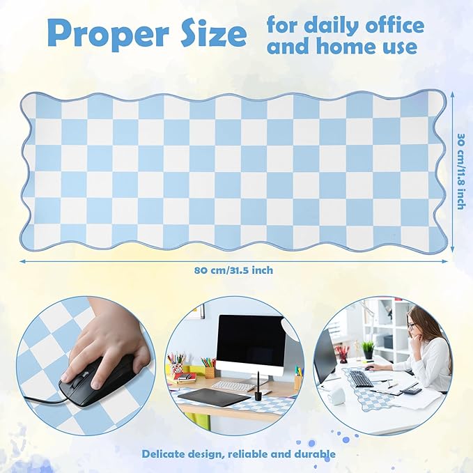 Copkim 1 Pcs Blue Scalloped Checkered Desk Mat 31.5 x 11.8 Inch Large Cute Mouse Pad Computer Mat Non Slip Waterproof Rubber Base with Border Stitching Soft Keyboard Pad for Home Office Gaming Makeup