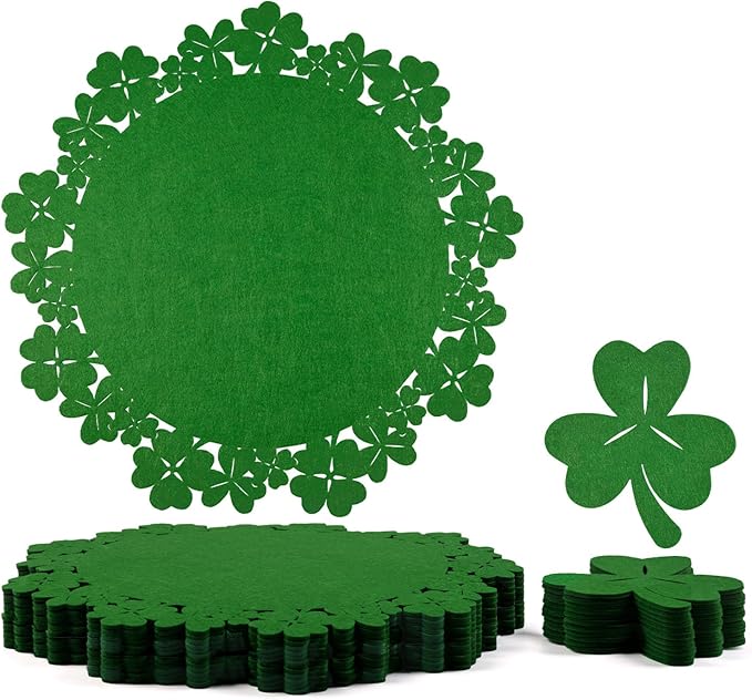 Noctiflorous St. Patrick’s Day Shamrock Green Round Felt Placemats with Coasters Set of 12 Table Decoration Durable Heat-Resistant Non-Slip Washable Place Mats Indoor Outdoor Kitchen Dining Table Mats